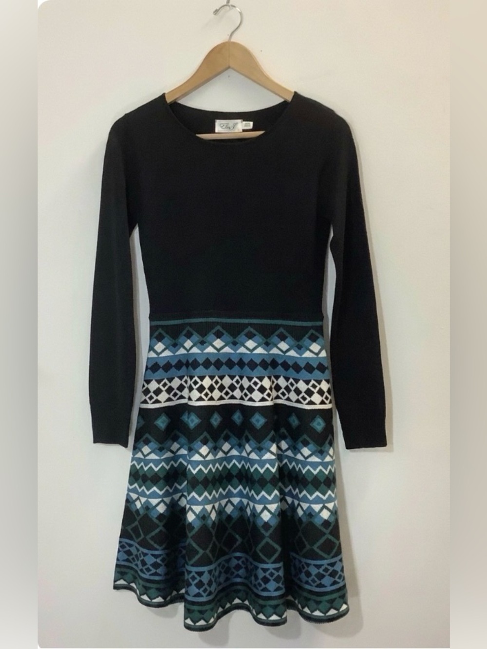 Eliza J Black Knit Dress with Geometric Stripes- size small